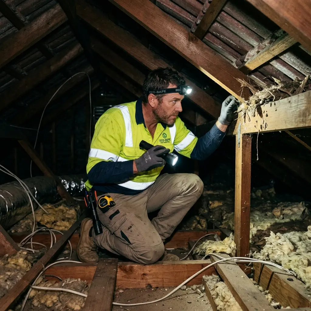 Technician inspecting a roof cavity for a dead animal in Manor Lakes