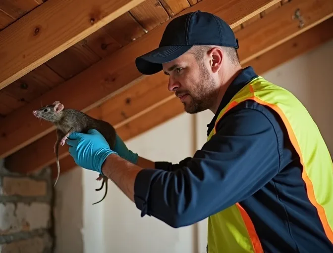 Technician inspecting a roof cavity for a dead rat in Manor Lakes